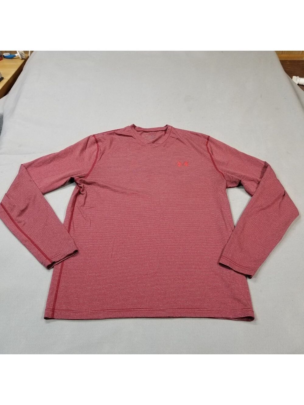 Under Armour Shirt Size L Red Striped Long Sleeve Performance Stretch Active